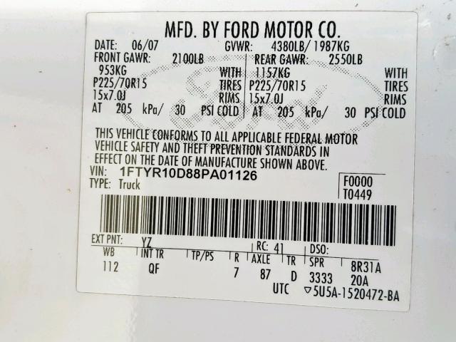 1FTYR10D88PA01126 - 2008 FORD RANGER WHITE photo 10