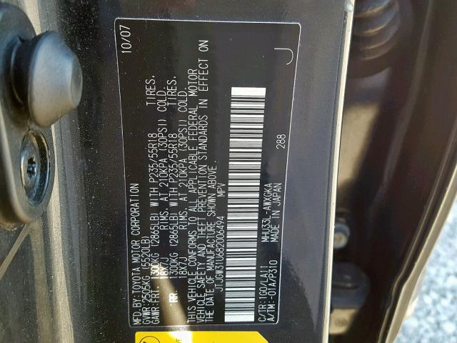 JTJGW31U682006494 - 2008 LEXUS RX 400H GRAY photo 10