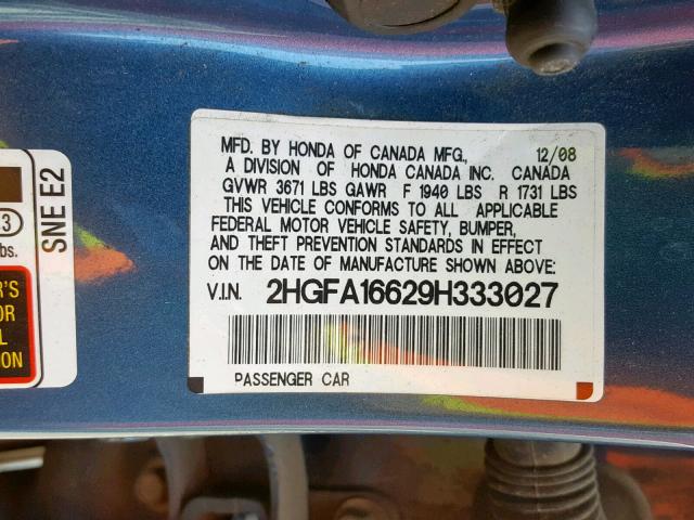 2HGFA16629H333027 - 2009 HONDA CIVIC LX-S Mavi foto 10