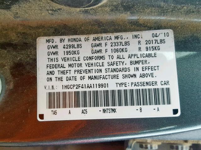 1HGCP2F41AA119901 - 2010 HONDA ACCORD LXP SILVER photo 10