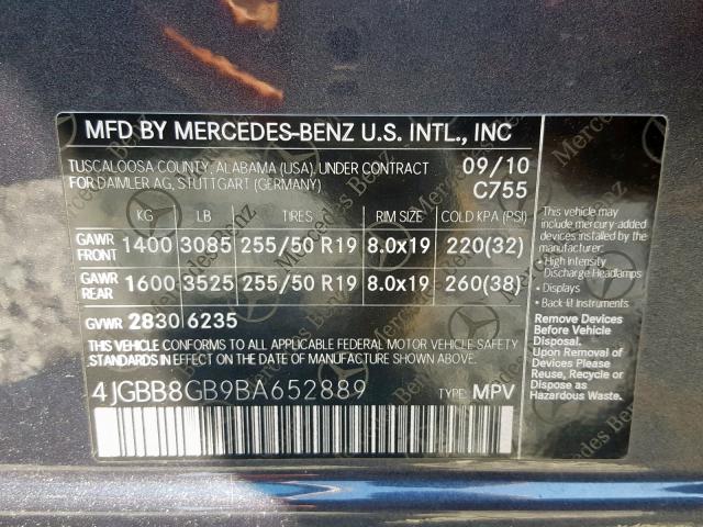 4JGBB8GB9BA652889 - 2011 MERCEDES-BENZ ML 350 4MA BLUE photo 10