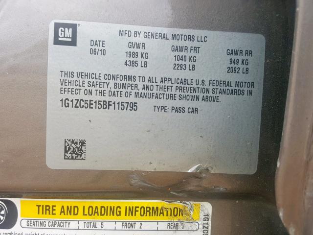 1G1ZC5E15BF115795 - 2011 CHEVROLET MALIBU 1LT 灰色 照片 10