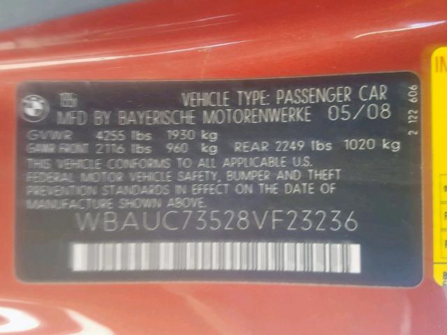 WBAUC73528VF23236 - 2008 BMW 135 I RED photo 10
