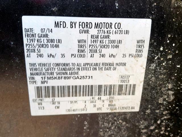 1FM5K8F89FGA25731 - 2015 FORD EXPLORER L GRAY photo 10