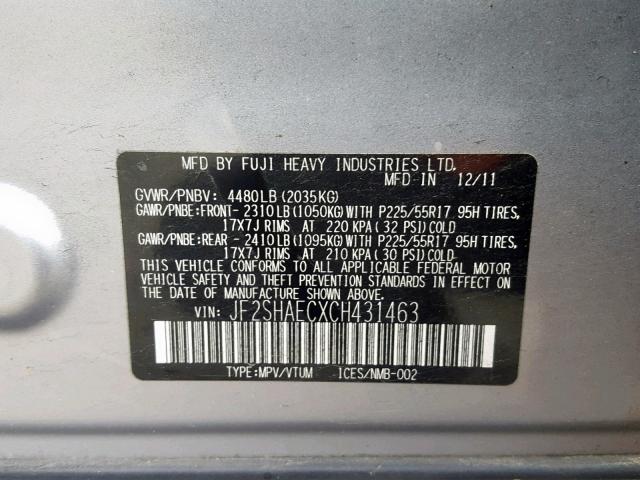 JF2SHAECXCH431463 - 2012 SUBARU FORESTER L SILVER photo 10