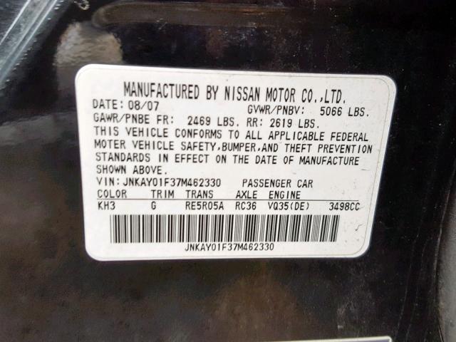 JNKAY01F37M462330 - 2007 INFINITI M35 BASE BLACK photo 10