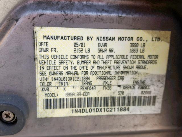 1N4DL01DX1C211884 - 2001 NISSAN ALTIMA XE SILVER photo 10