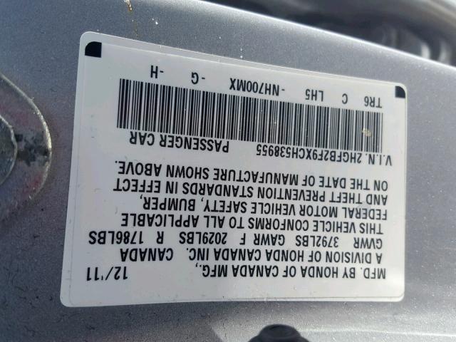 2HGFB2F9XCH538955 - 2012 HONDA CIVIC EXL SILVER photo 10