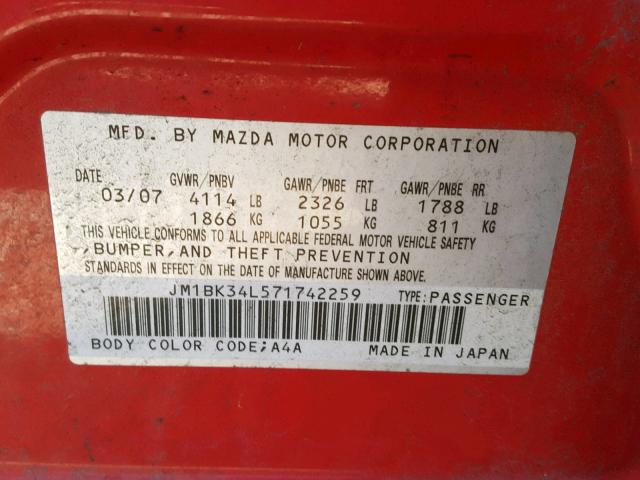 JM1BK34L571742259 - 2007 MAZDA SPEED 3 RED photo 10
