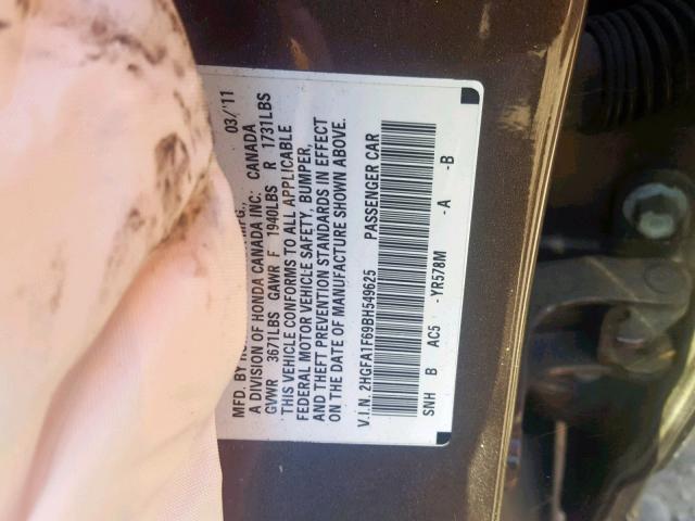 2HGFA1F69BH549625 - 2011 HONDA CIVIC LX-S 灰色 照片 10