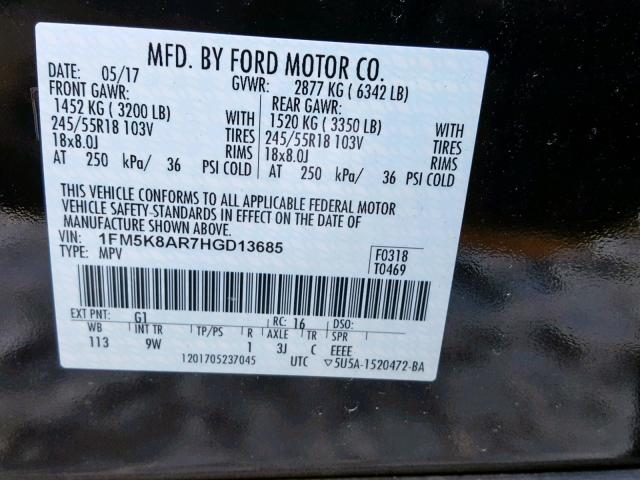 1FM5K8AR7HGD13685 - 2017 FORD EXPLORER P BLACK photo 10