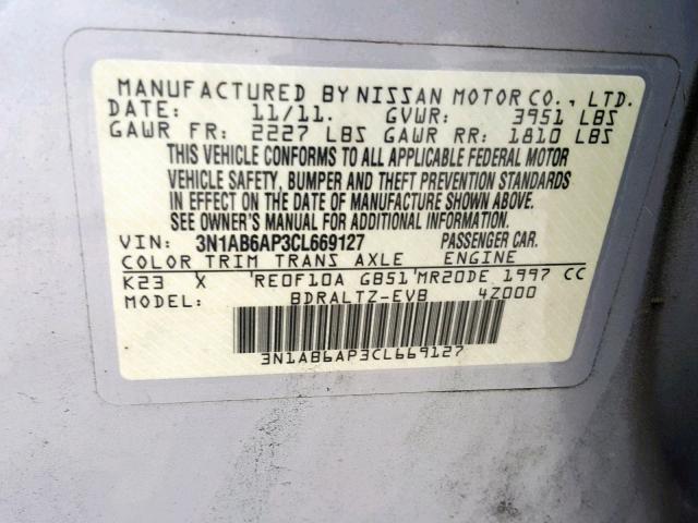 3N1AB6AP3CL669127 - 2012 NISSAN SENTRA 2.0 SILVER photo 10