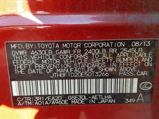 JTHBF1D20E5013266 - 2014 LEXUS IS 250 RED photo 10