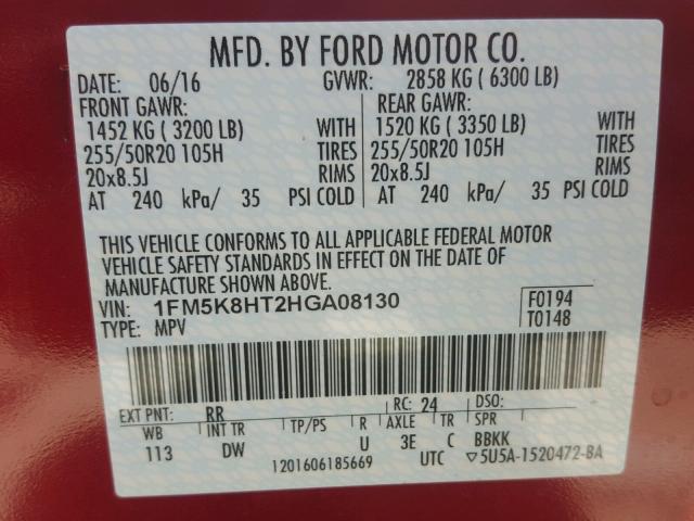 1FM5K8HT2HGA08130 - 2017 FORD EXPLORER P RED photo 10