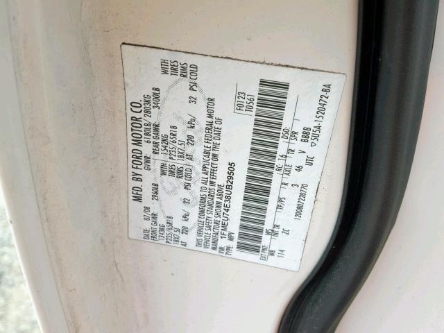 1FMEU74E38UB29505 - 2008 FORD EXPLORER E WHITE photo 10