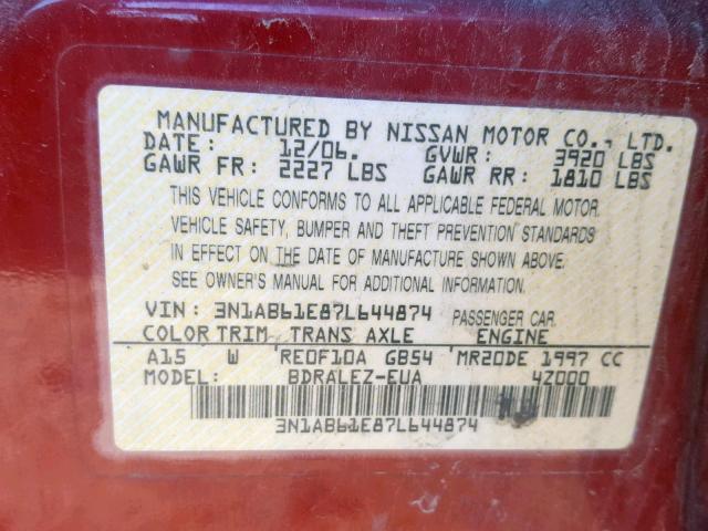 3N1AB61E87L644874 - 2007 NISSAN SENTRA 2.0 RED photo 10