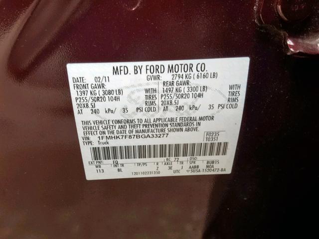 1FMHK7F87BGA33277 - 2011 FORD EXPLORER L MAROON photo 10