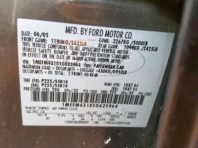 1MEFM43185G625964 - 2005 MERCURY MONTEGO PR 灰色 照片 10