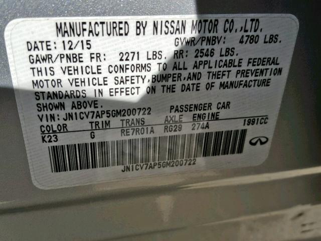 JN1CV7AP5GM200722 - 2016 INFINITI Q50 BASE SILVER photo 10