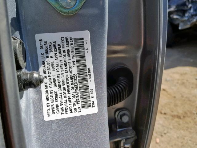 19XZE4F95KE008255 - 2019 HONDA INSIGHT TO SILVER photo 10