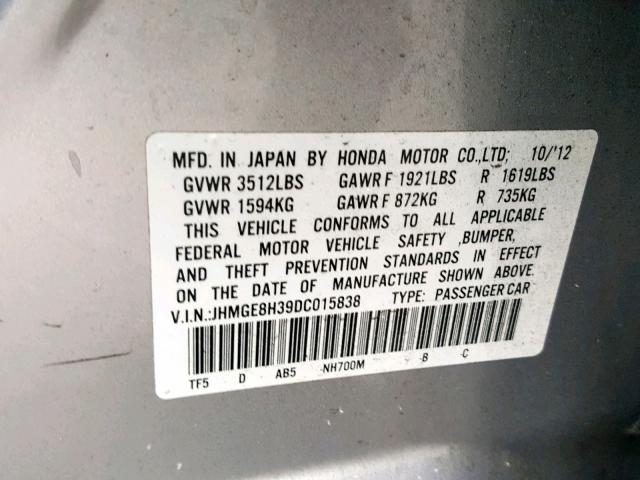 JHMGE8H39DC015838 - 2013 HONDA FIT SILVER photo 10