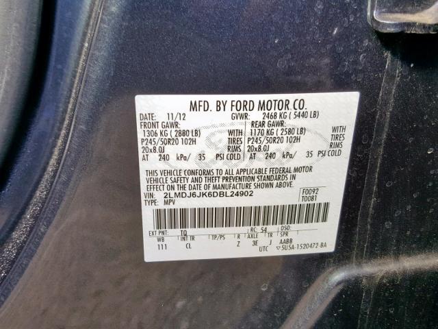 2LMDJ6JK6DBL24902 - 2013 LINCOLN MKX CHARCOAL photo 10