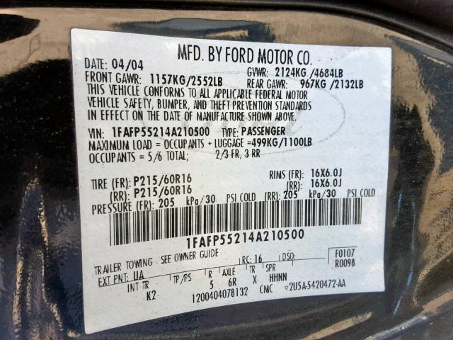 1FAFP55214A210500 - 2004 FORD TAURUS SES BLACK photo 10