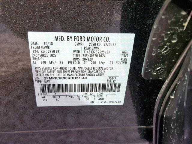 2FMPK3K96KBB27340 - 2019 FORD EDGE TITAN CHARCOAL photo 10