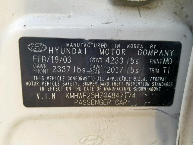 KMHWF25H73A847174 - 2003 HYUNDAI SONATA GL WHITE photo 10