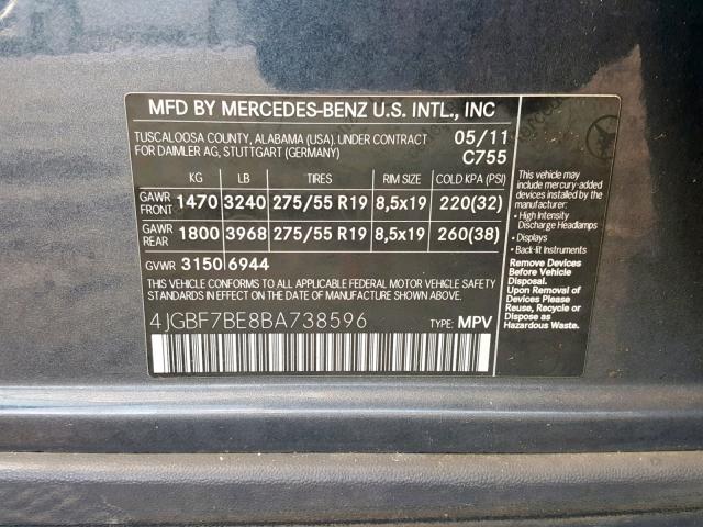 4JGBF7BE8BA738596 - 2011 MERCEDES-BENZ GL 450 4MA GRAY photo 10