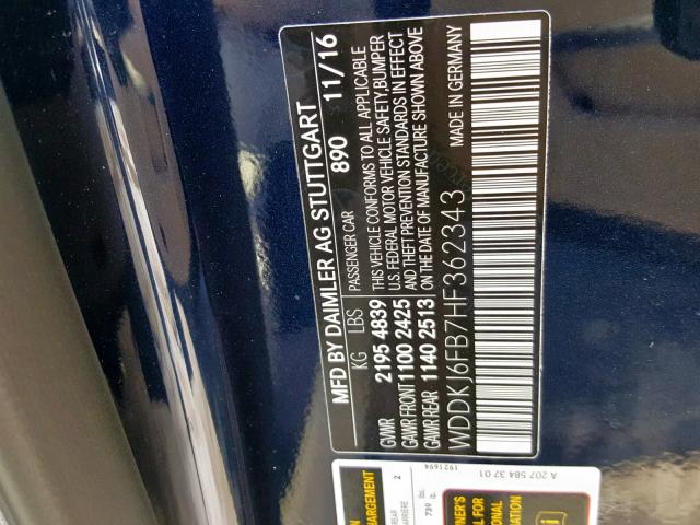 WDDKJ6FB7HF362343 - 2017 MERCEDES-BENZ E 400 BLUE photo 10