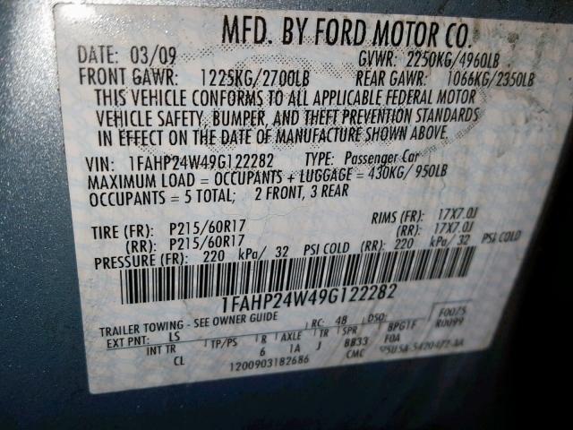 1FAHP24W49G122282 - 2009 FORD TAURUS SEL BLUE photo 10