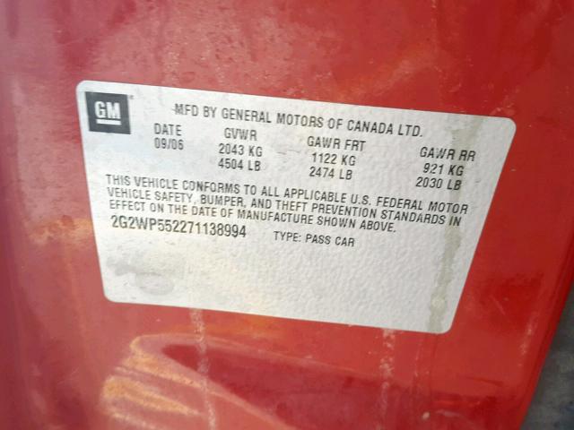 2G2WP552271138994 - 2007 PONTIAC GRAND PRIX RED photo 10