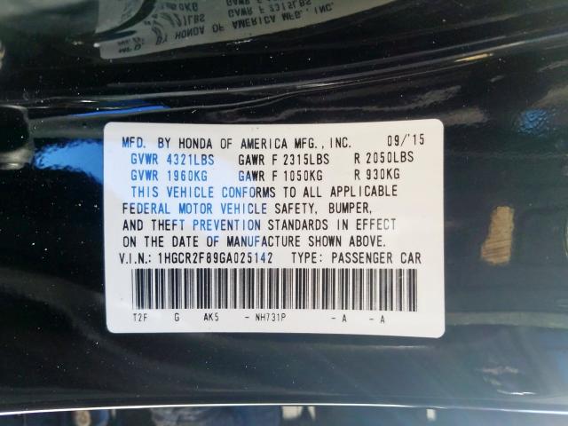 1HGCR2F89GA025142 - 2016 HONDA ACCORD EXL  photo 10