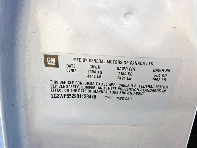 2G2WP552981128478 - 2008 PONTIAC GRAND PRIX SILVER photo 10