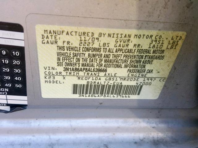 3N1AB6AP8AL639666 - 2010 NISSAN SENTRA 2.0 SILVER photo 10