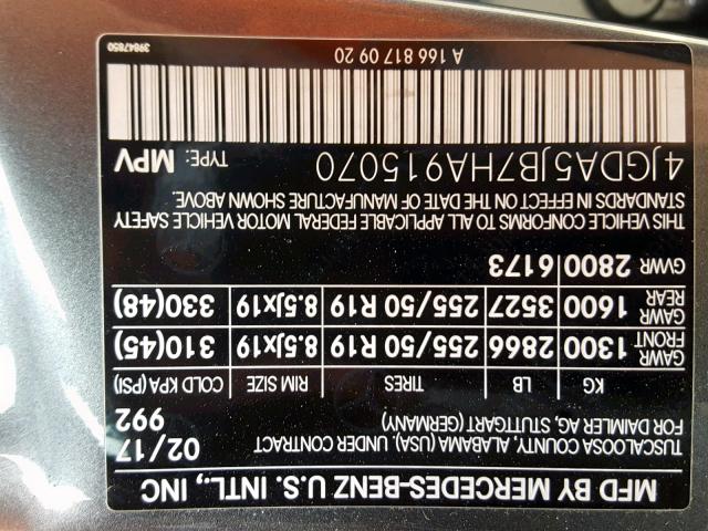 4JGDA5JB7HA915070 - 2017 MERCEDES-BENZ GLE 350 GRAY photo 10