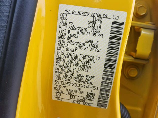 5N1ED28YX3C644751 - 2003 NISSAN XTERRA XE YELLOW photo 10