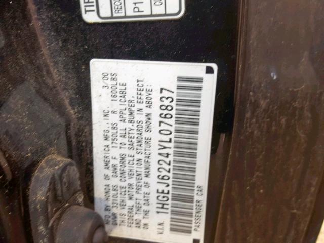 1HGEJ6224YL076837 - 2000 HONDA CIVIC DX BLACK photo 10