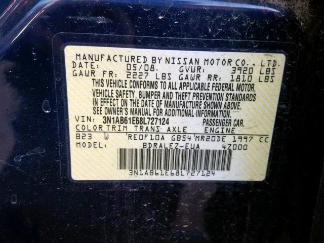 3N1AB61E68L727124 - 2008 NISSAN SENTRA 2.0 BLUE photo 10