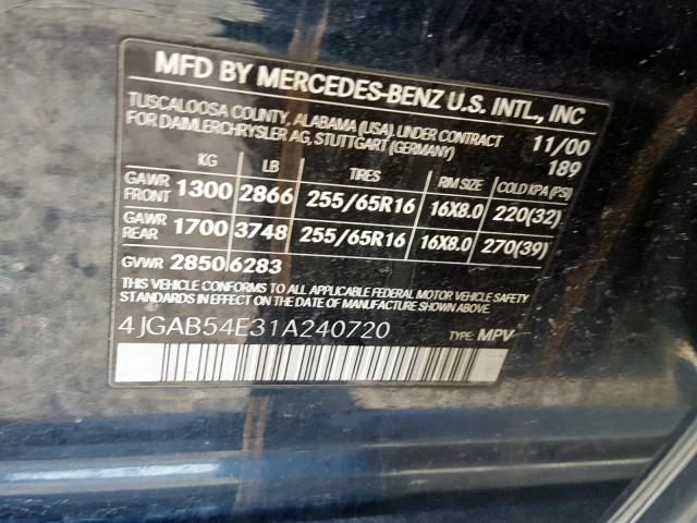 4JGAB54E31A240720 - 2001 MERCEDES-BENZ ML 320 BLUE photo 10