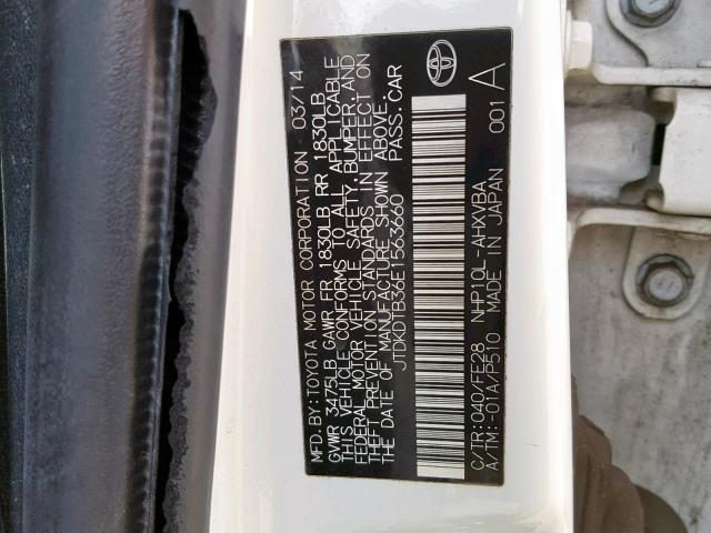 JTDKDTB36E1563660 - 2014 TOYOTA PRIUS C WHITE photo 10