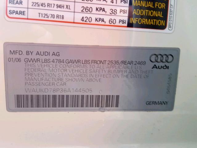 WAUKD78P36A144505 - 2006 AUDI A3 S-LINE WHITE photo 10