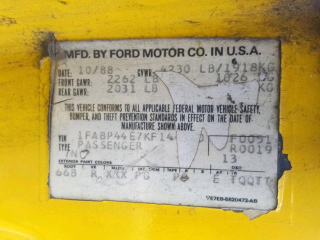 1FABP44E7KF144880 - 1989 FORD MUSTANG LX YELLOW photo 10