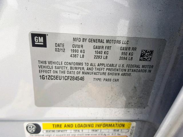 1G1ZC5EU1CF284546 - 2012 CHEVROLET MALIBU 1LT ვერცხლისფერი ფოტო 10