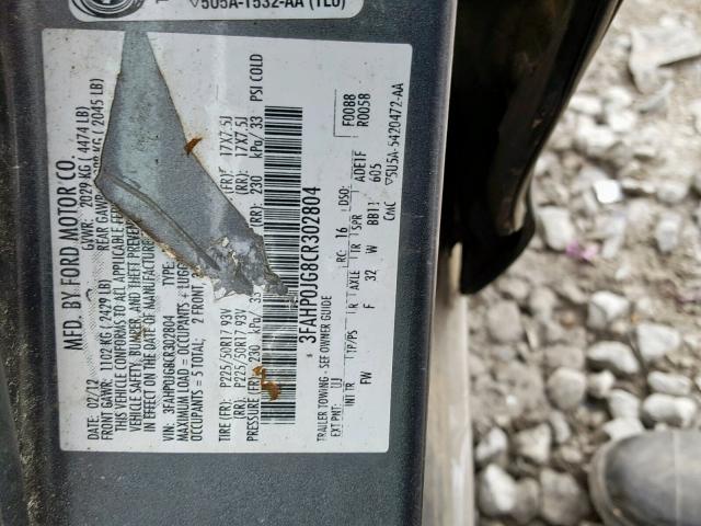 3FAHP0JG8CR302804 - 2012 FORD FUSION SEL GRAY photo 10