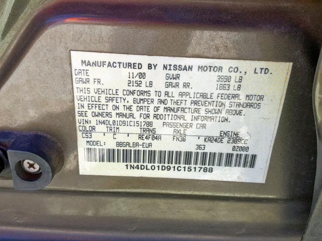 1N4DL01D91C151788 - 2001 NISSAN ALTIMA XE GRAY photo 10