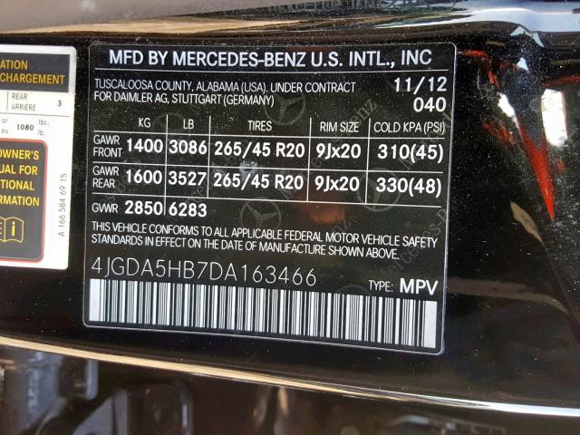 4JGDA5HB7DA163466 - 2013 MERCEDES-BENZ ML 350 4MA BLACK photo 10