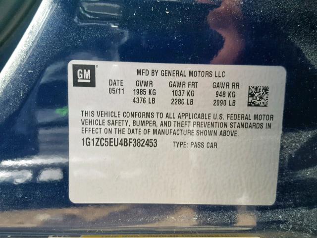 1G1ZC5EU4BF382453 - 2011 CHEVROLET MALIBU 1LT 蓝色 照片 10