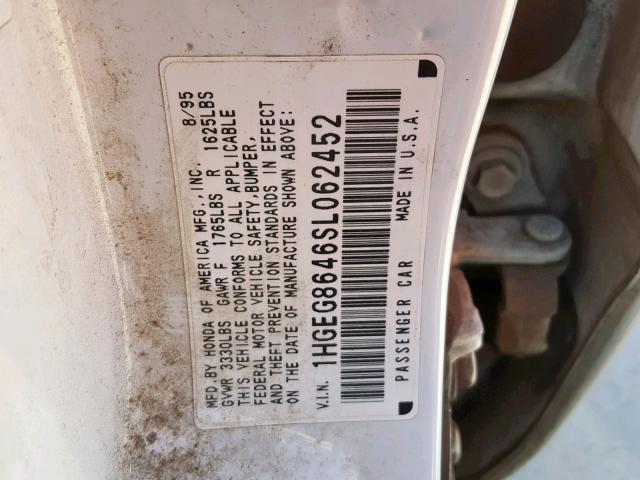 1HGEG8646SL062452 - 1995 HONDA CIVIC DX WHITE photo 10